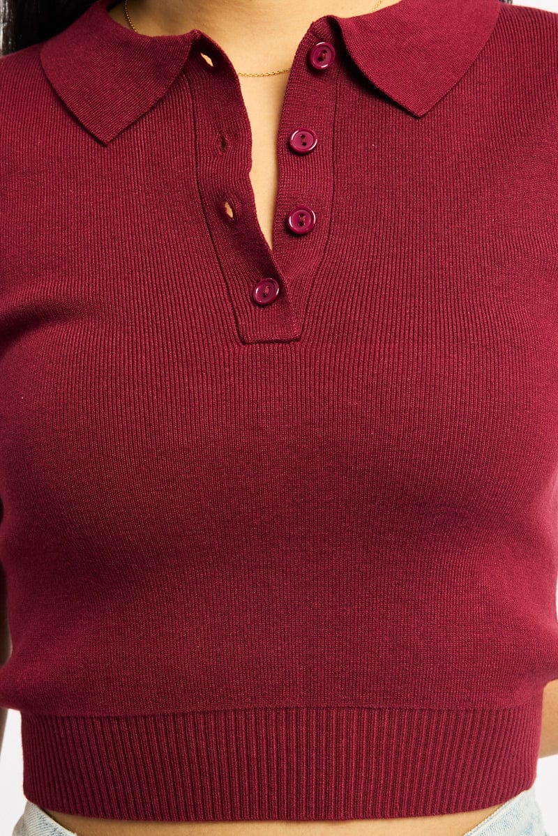 Red Knit Top Short Sleeve Polo Collar - Image 5