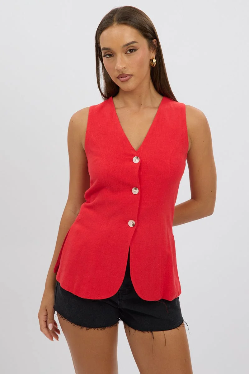 Red Linen Vest Longline V Neck - Image 3