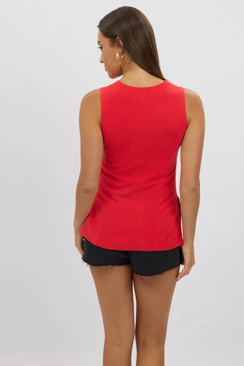 Red Linen Vest Longline V Neck - Image 5