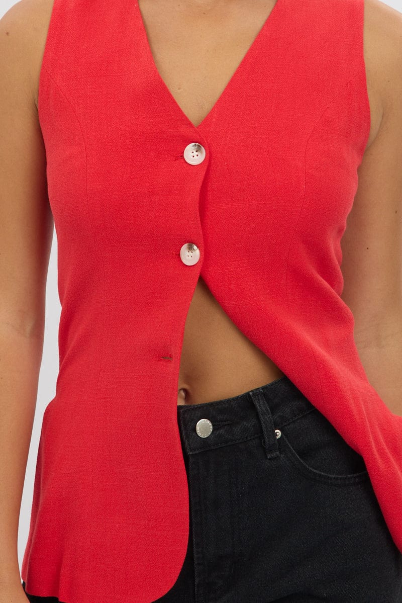 Red Linen Vest Longline V Neck - Image 6