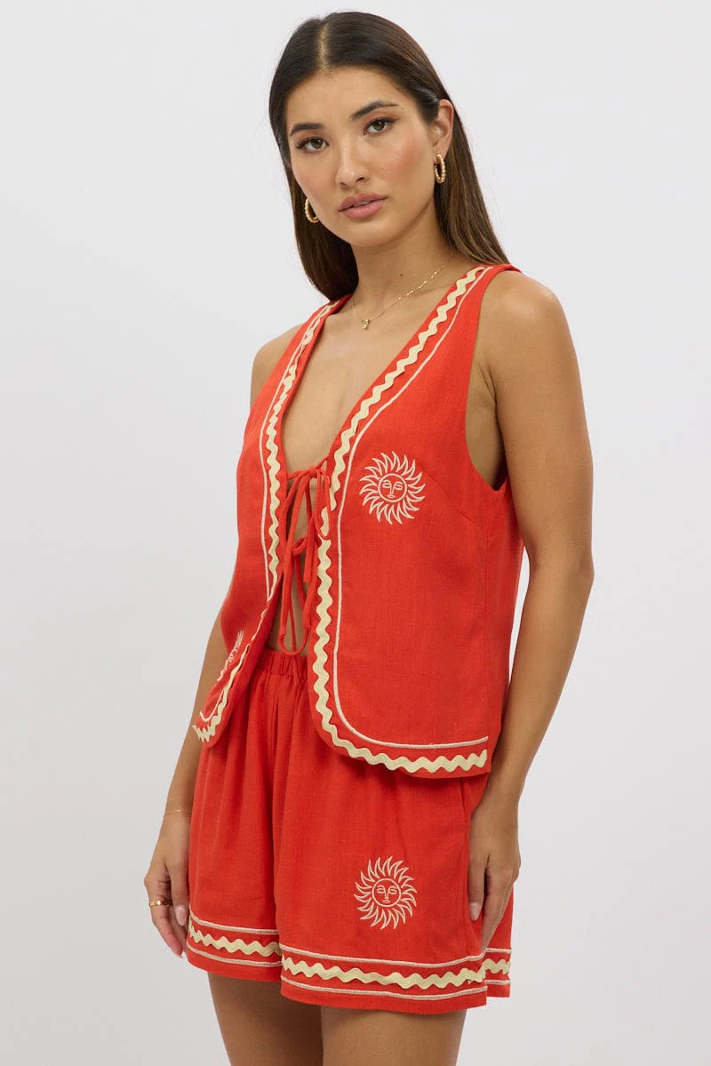 Red Linen Vest Sleeveless Embo - Image 4