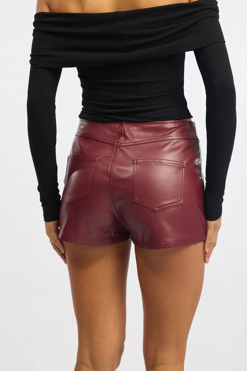 Red Low Rise Short Side Zipper Faux Leather - Image 5