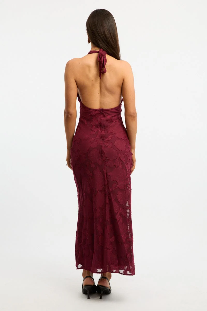 Red Maxi Dress Halter Neck Burn Out - Image 5