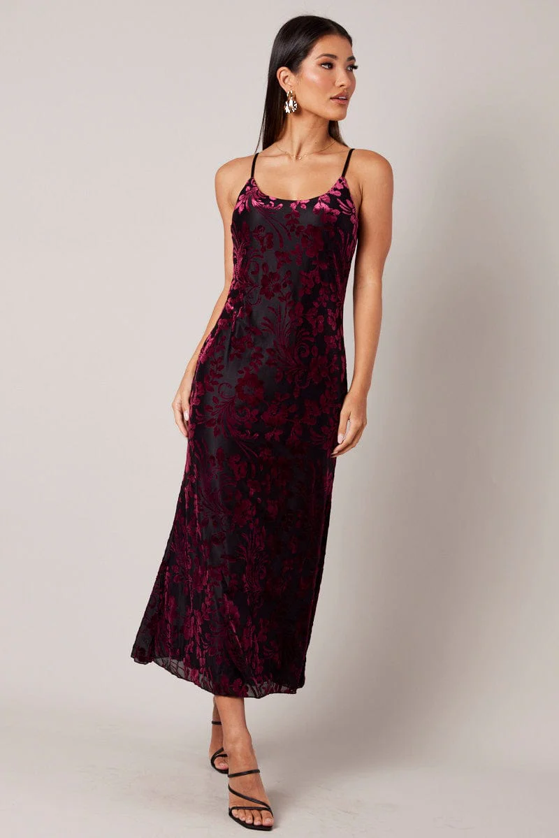 Red Maxi Dress Sleeveless Scoop Neck Burn Out - Image 2