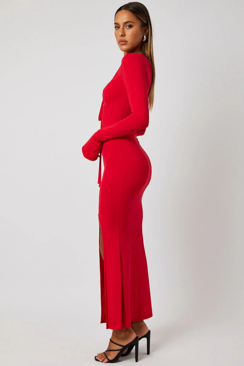 Red Maxi Dress Strappy Flared Sleeve Bodycon Dress - Image 4