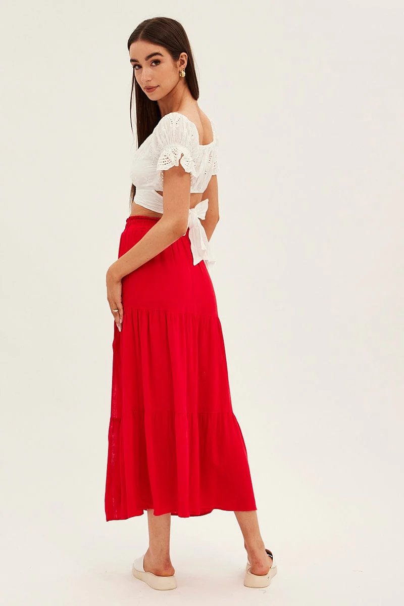 Red Maxi Skirt High Waist Split Tiered - Image 5