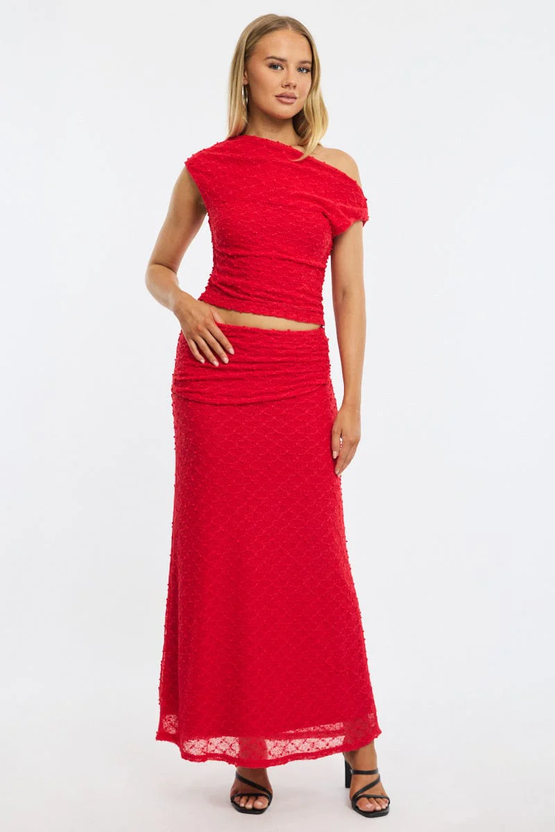 Red Maxi Skirt Textured Gathered Waist Stretch Lined