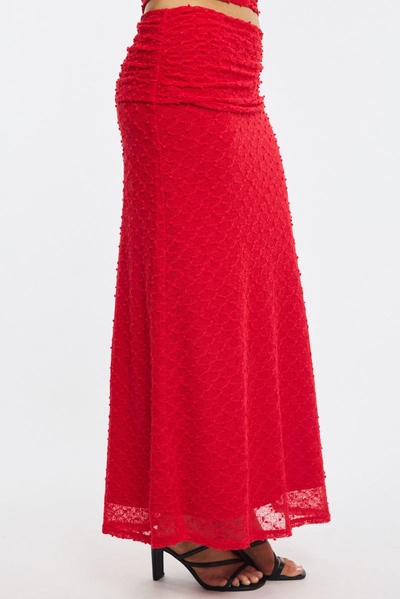 Red Maxi Skirt Textured Gathered Waist Stretch Lined - Image 3