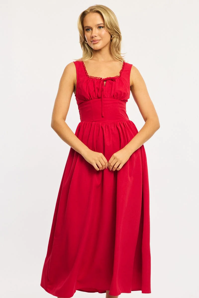 Red Midi Dress Gathering Bust - Image 2