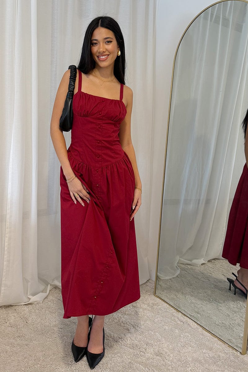 Red Midi Dress Sleeveless Poplin - Image 2