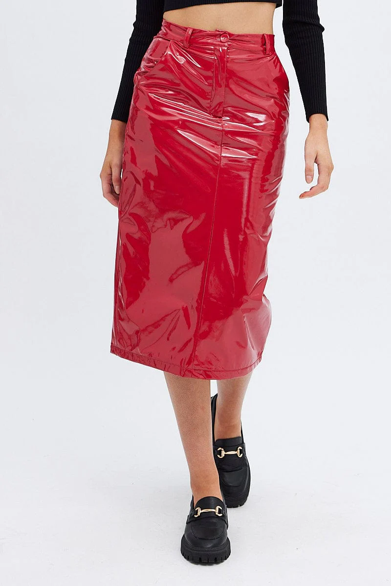 Red Midi Skirt High Rise Pencil PU Patent Faux Leather - Image 2