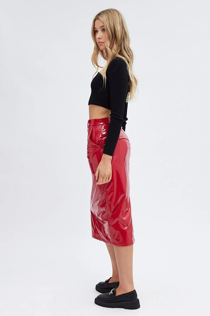 Red Midi Skirt High Rise Pencil PU Patent Faux Leather - Image 4