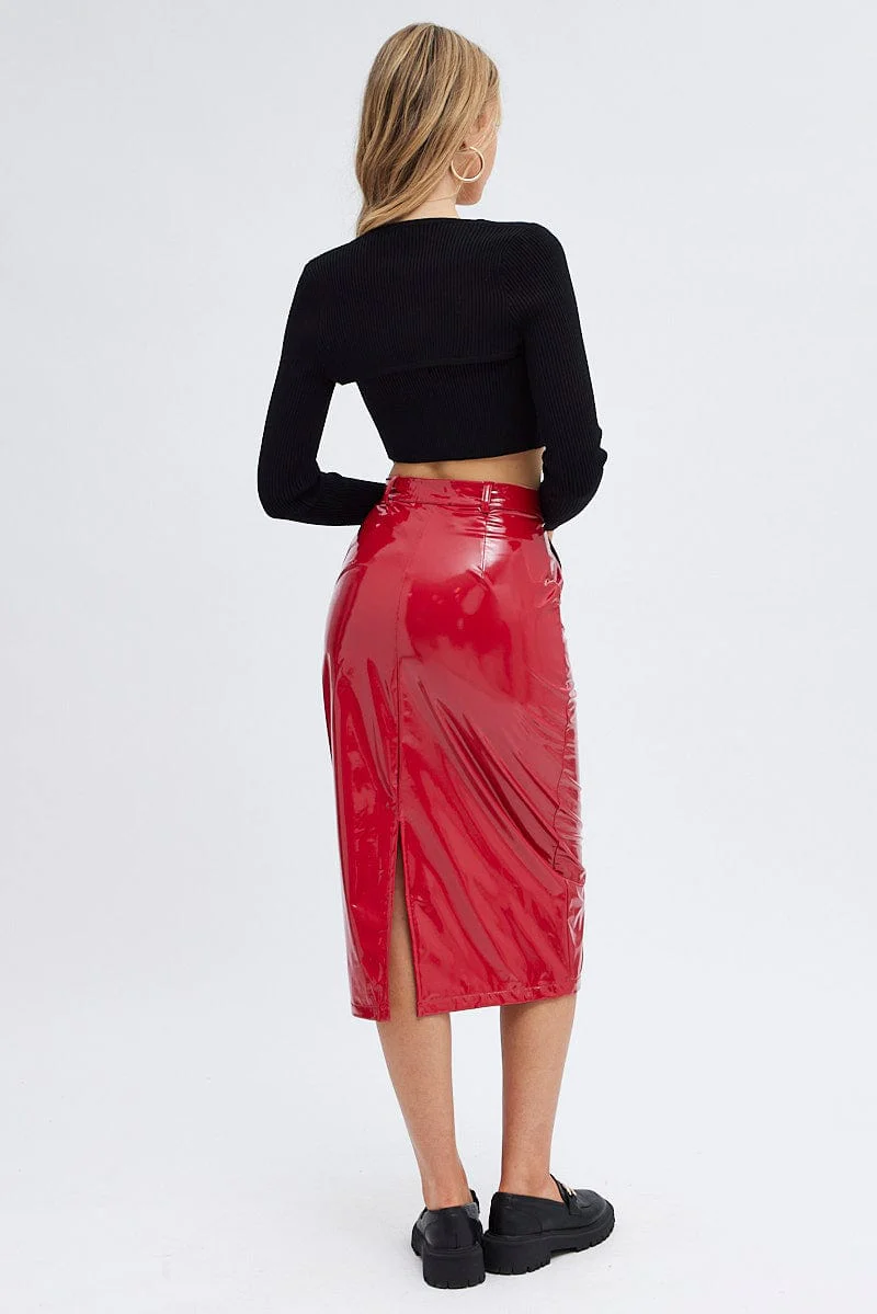 Red Midi Skirt High Rise Pencil PU Patent Faux Leather - Image 5