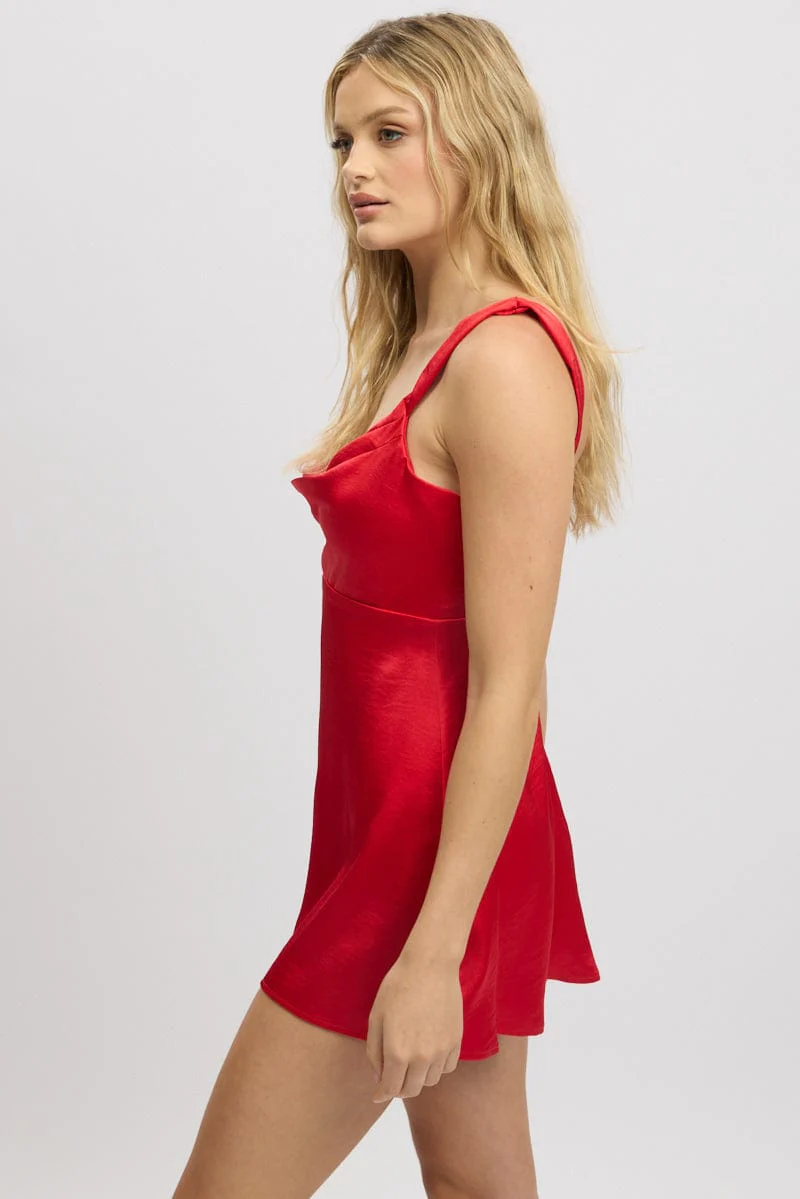 Red Mini Dress Cowl Neck Satin - Image 4