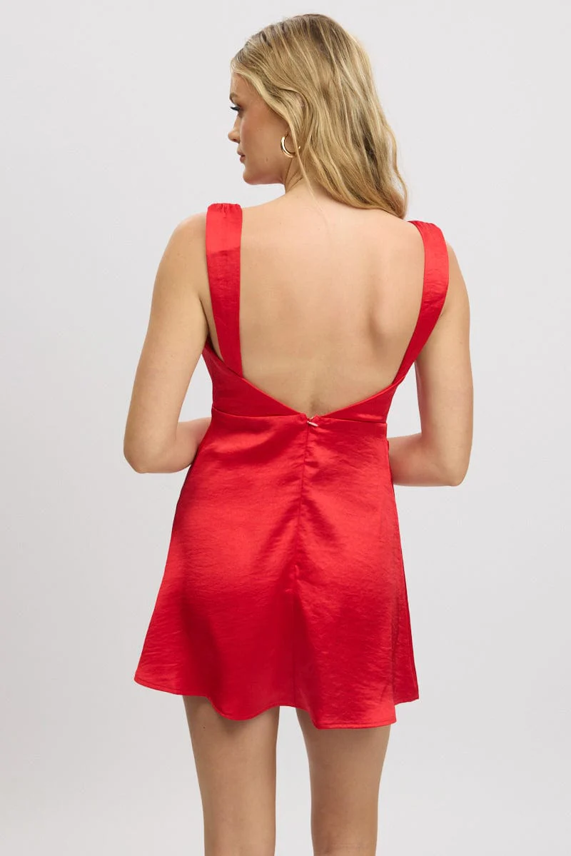 Red Mini Dress Cowl Neck Satin - Image 5