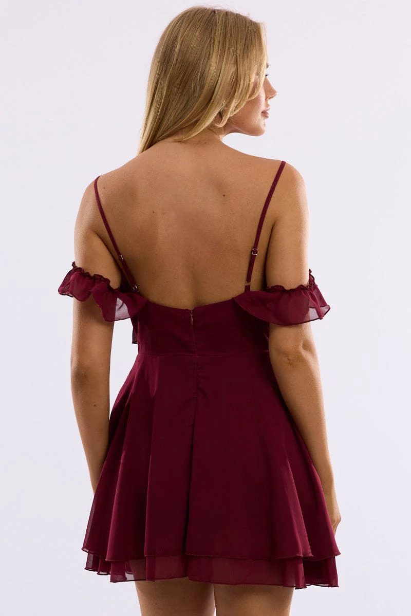 Red Mini Dress Ruffle Detail Chiffon - Image 4