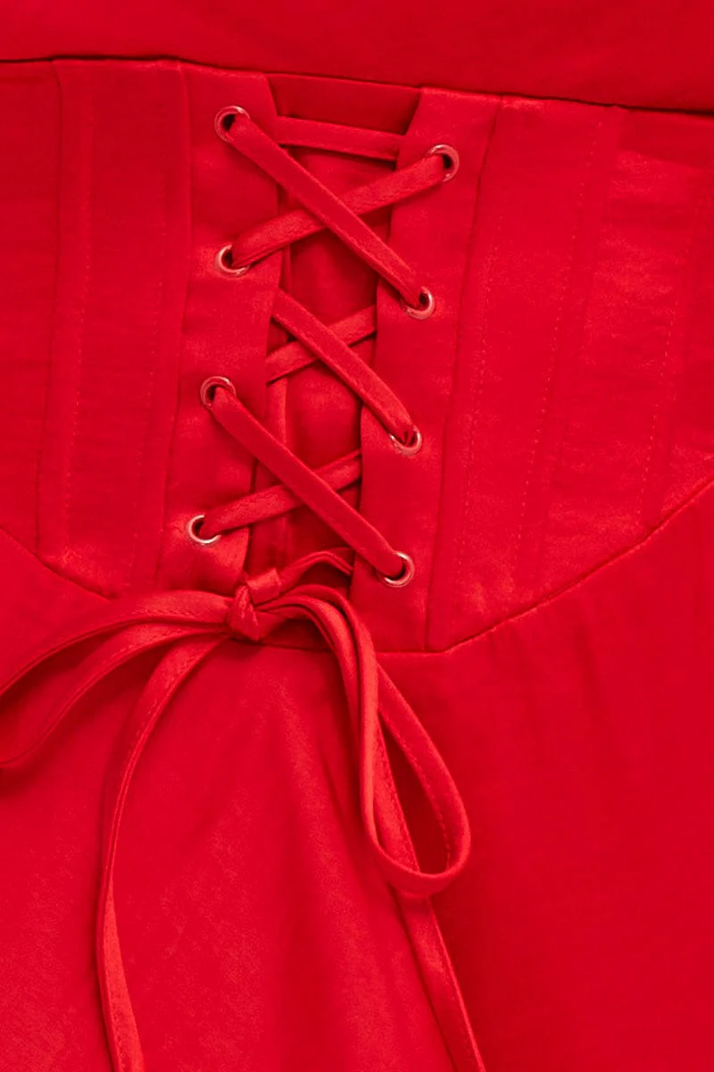 Red Mini Dress Sleeveless Cowl Neck Corset Waist Satin - Image 6