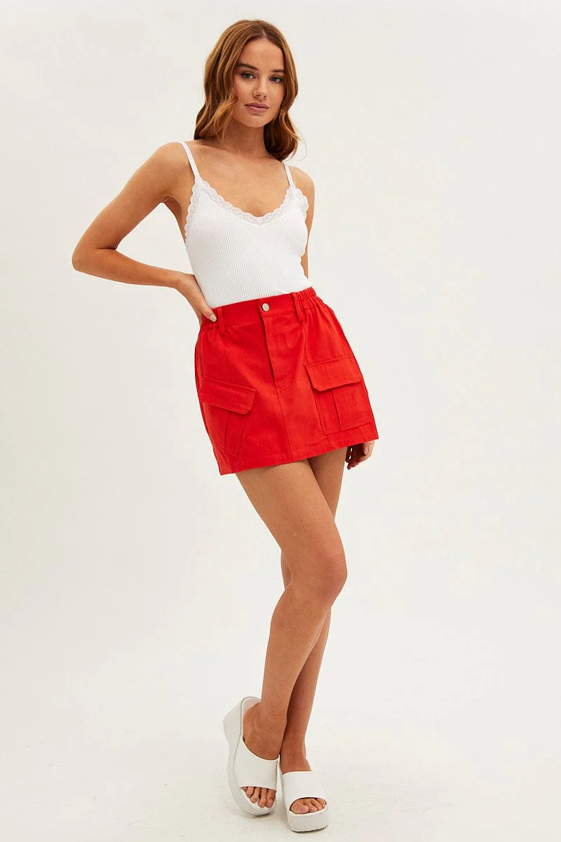 Red Mini Skirt Cargo Cotton Blend - Image 3