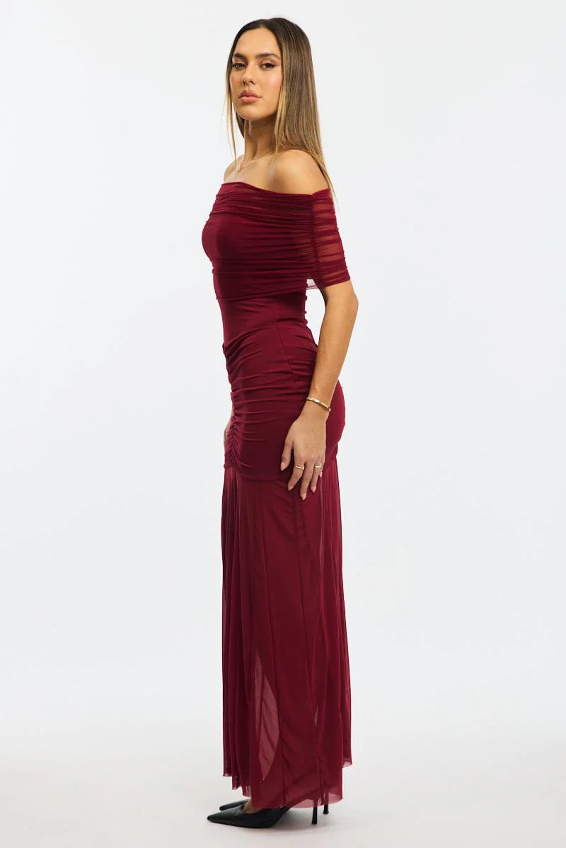 Red Off Shoulder Maxi Dress Mesh - Image 3