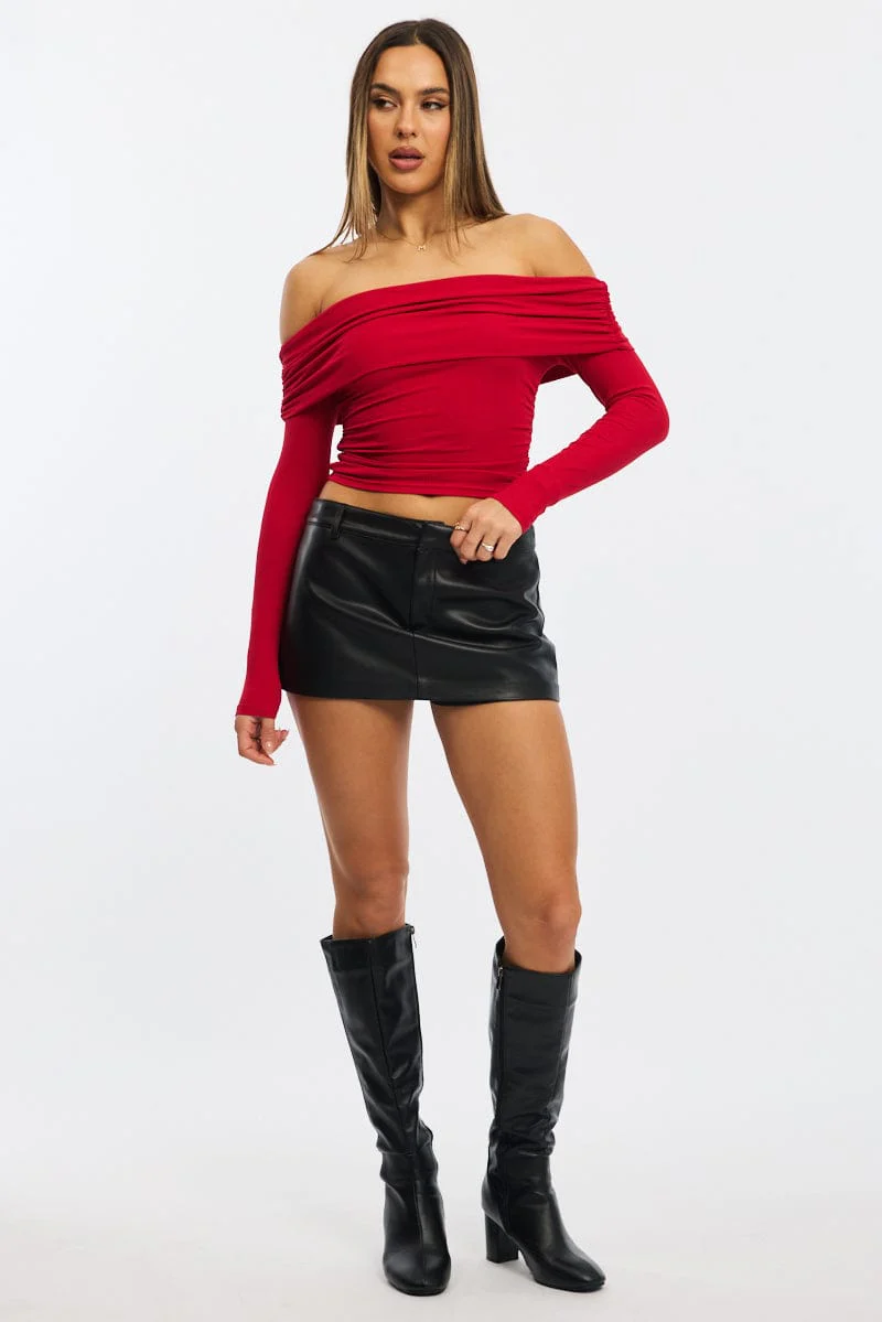 Red Off Shoulder Top Side Ruched Long Sleeve - Image 2