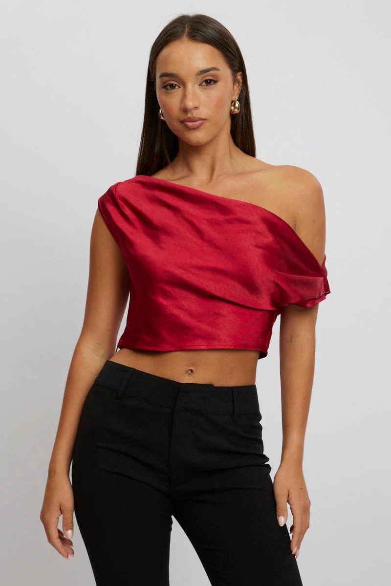 Red On Off Shoulder Satin Top - Image 3