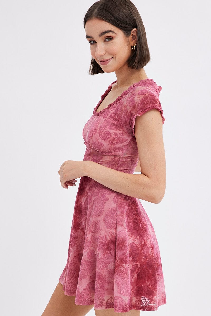 Red Paisley Mini Dress Short Sleeve Scoop Neck Fit & Flare - Image 4