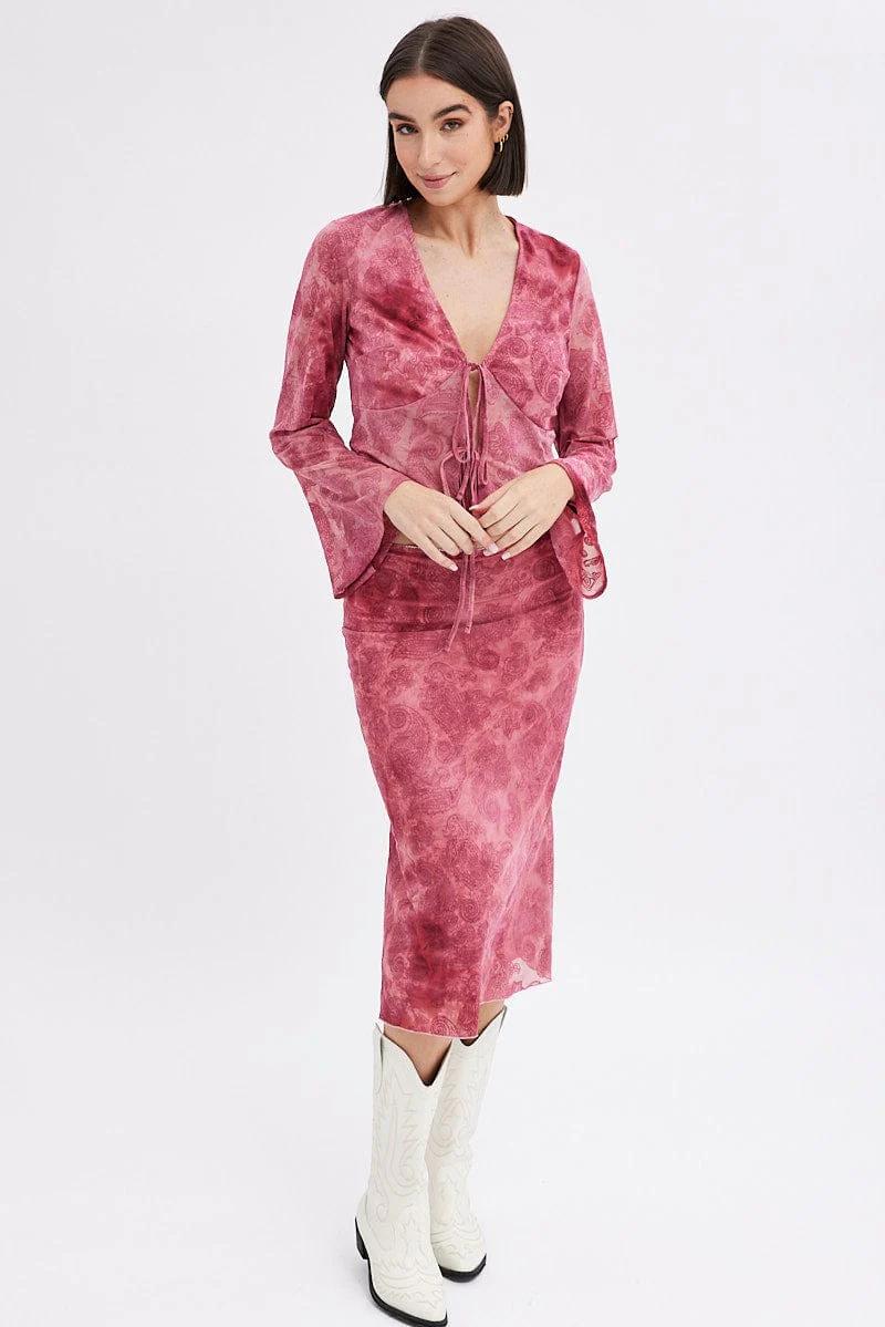 Red Paisley Tie Front Top Long Sleeve V Neck Mesh Flocked - Image 2