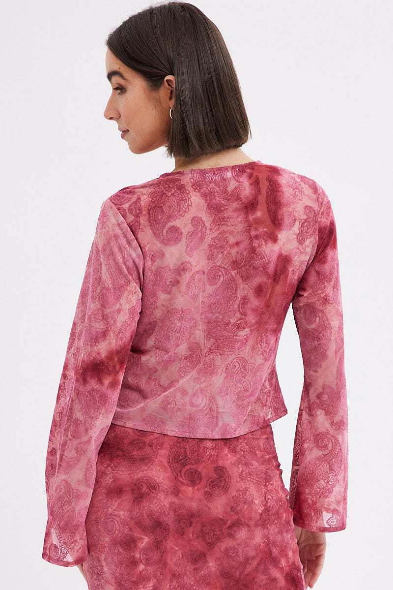 Red Paisley Tie Front Top Long Sleeve V Neck Mesh Flocked - Image 5