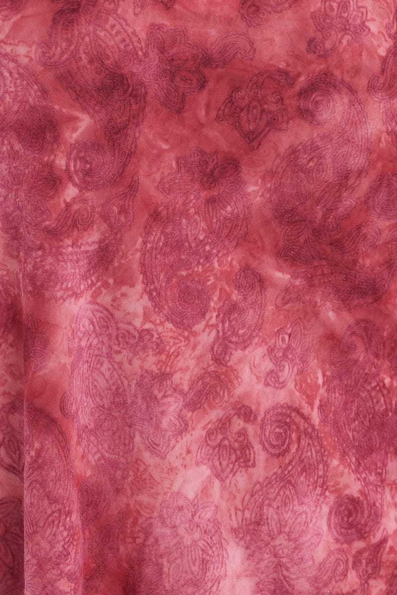 Red Paisley Tie Front Top Long Sleeve V Neck Mesh Flocked - Image 6