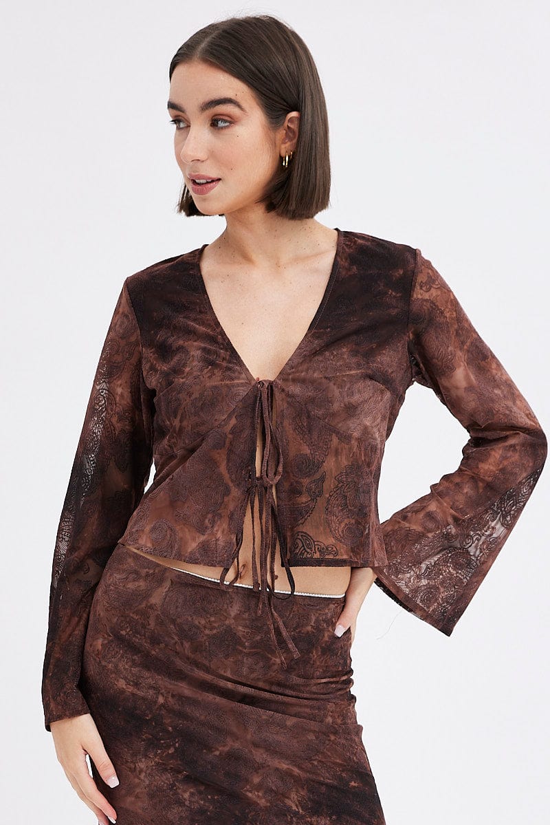 Red Paisley Tie Front Top Long Sleeve V Neck Mesh Flocked - Image 3