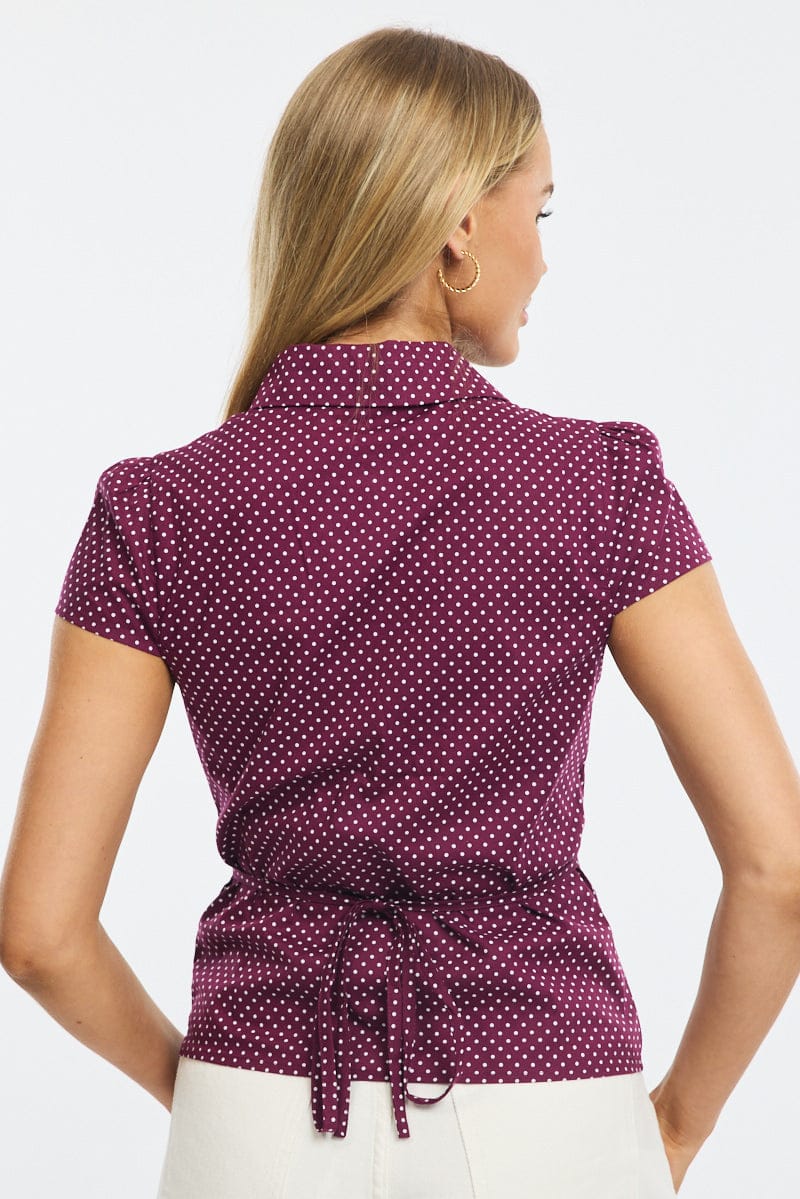 Red Polka Dot Button Up Shirt Short Sleeve Collared Tie Back - Image 4