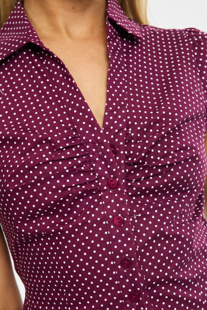 Red Polka Dot Button Up Shirt Short Sleeve Collared Tie Back - Image 5