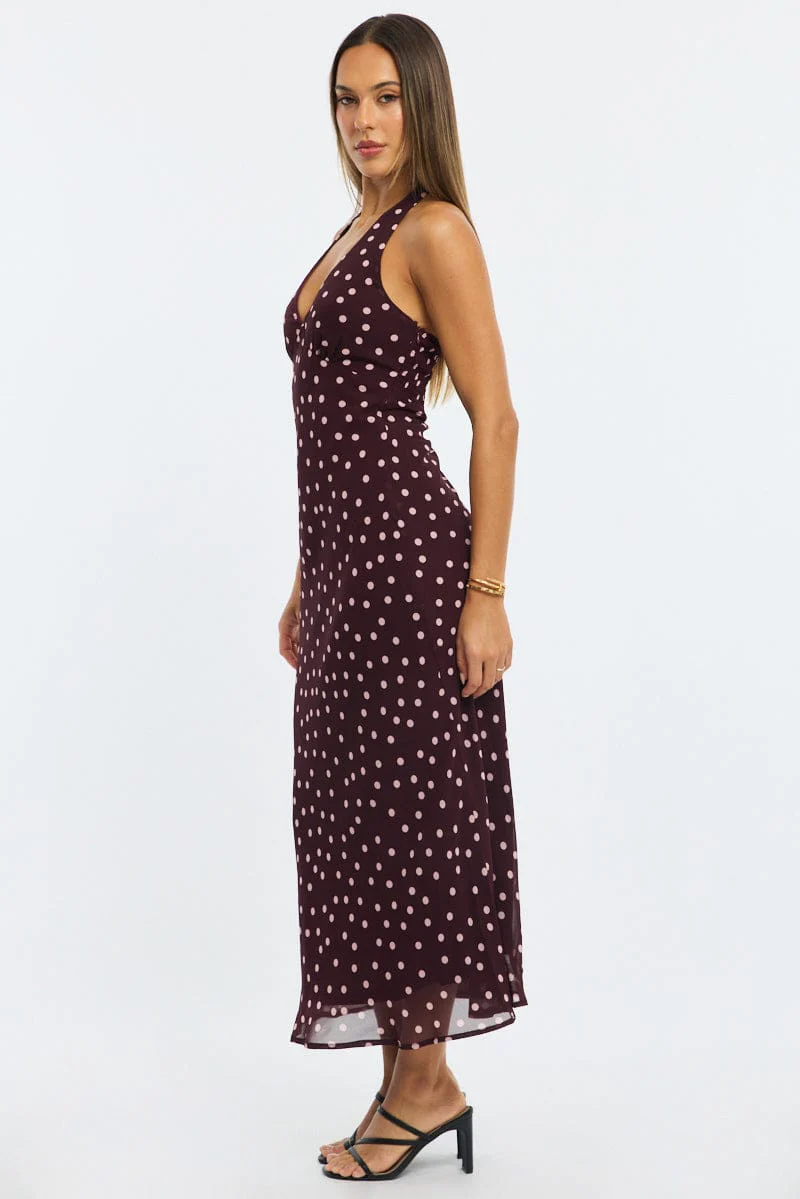 Red Polka Dot Midi Dress Halter Neck - Image 3