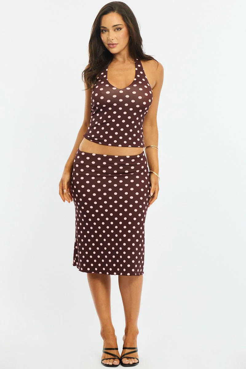 Red Polka Dot Midi Skirt Mid Rise Lined - Image 3