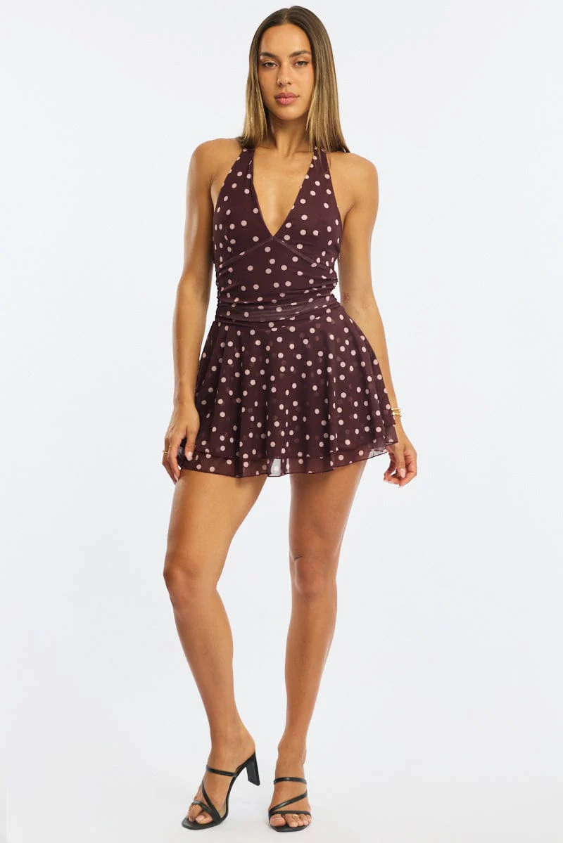 Red Polka Dot Playsuit V-neck Mesh - Image 3