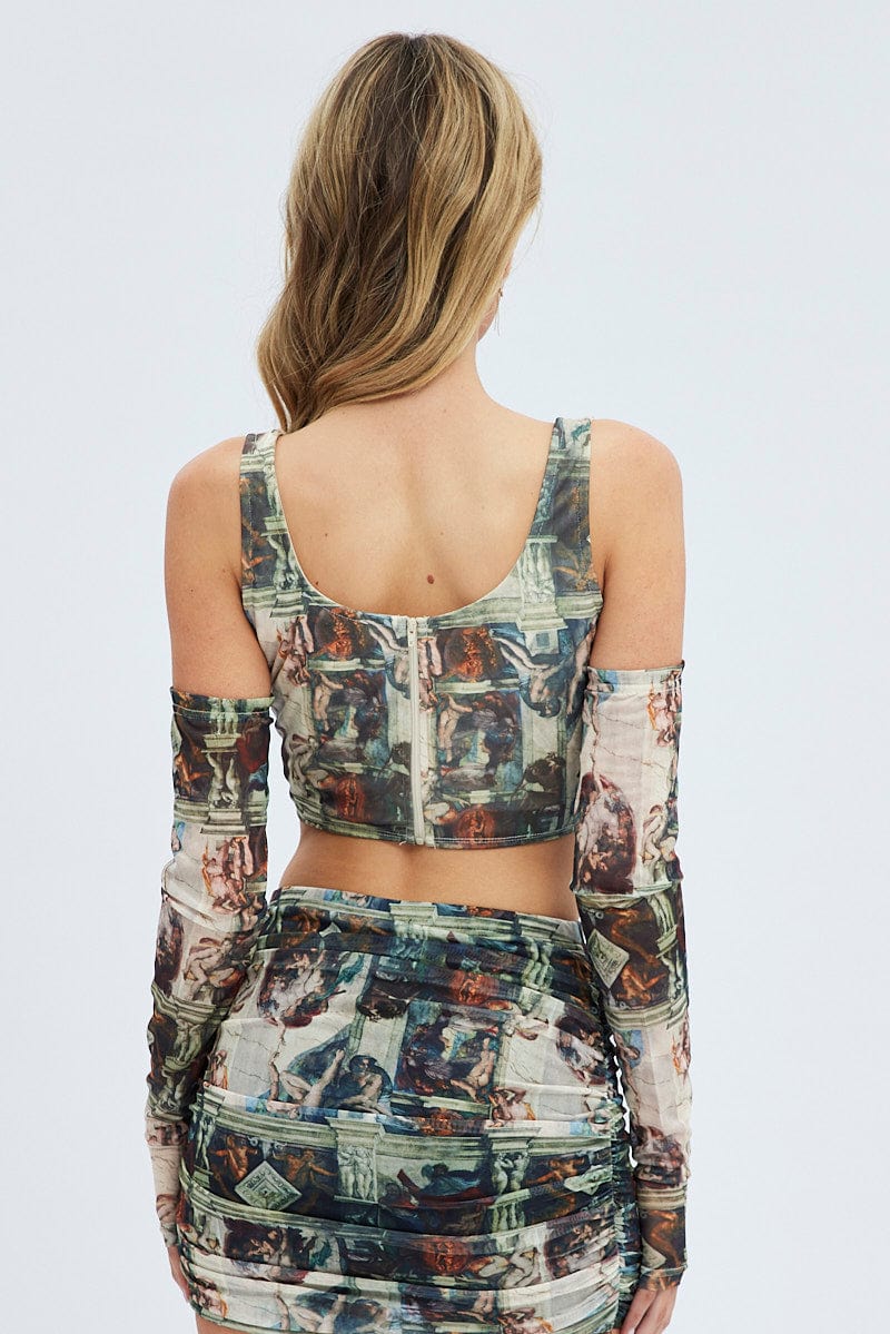 Red Print Corset & Long Sleeve Set Scoop Neck Mesh - Image 5