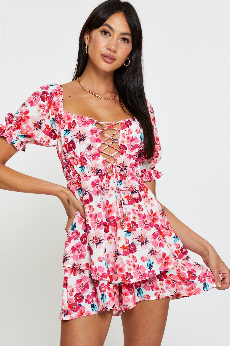 Red Print Playsuit Short Sleeve Evening - Image 3