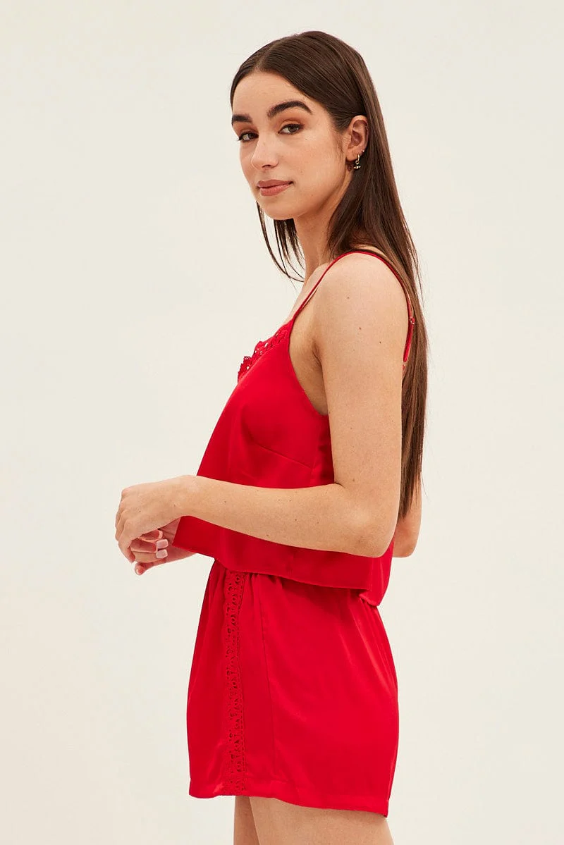 Red Pyjamas Set Sleeveless Cami Shorts Satin - Image 4