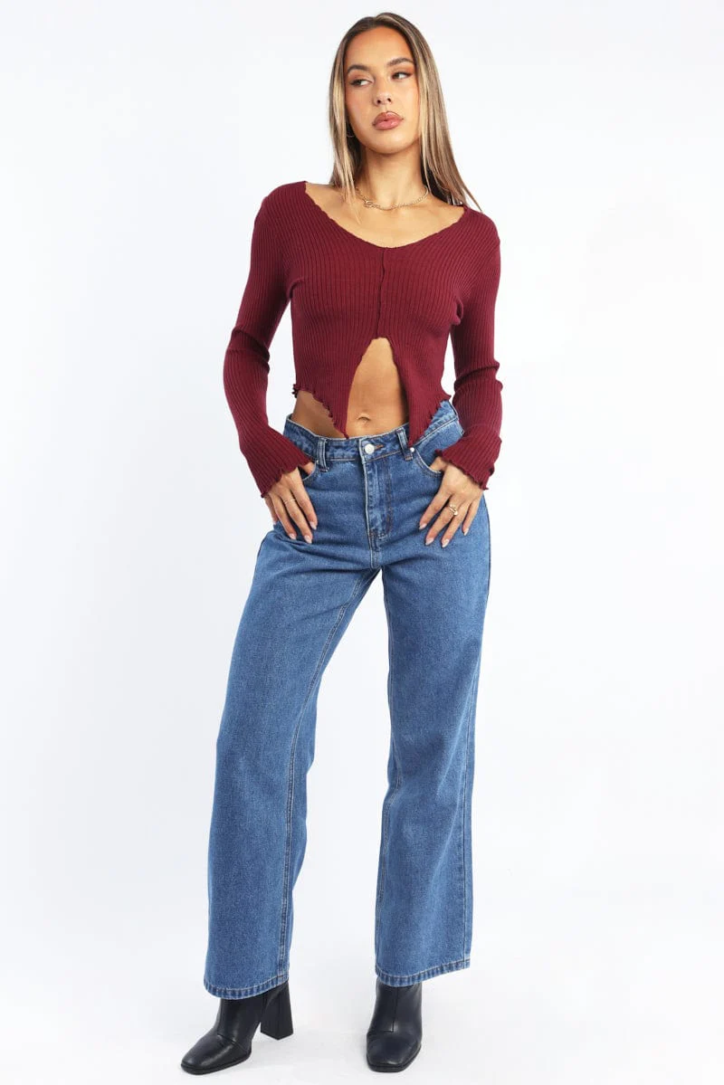 Red Rib Knit V-neck Long Sleeve Top - Image 2