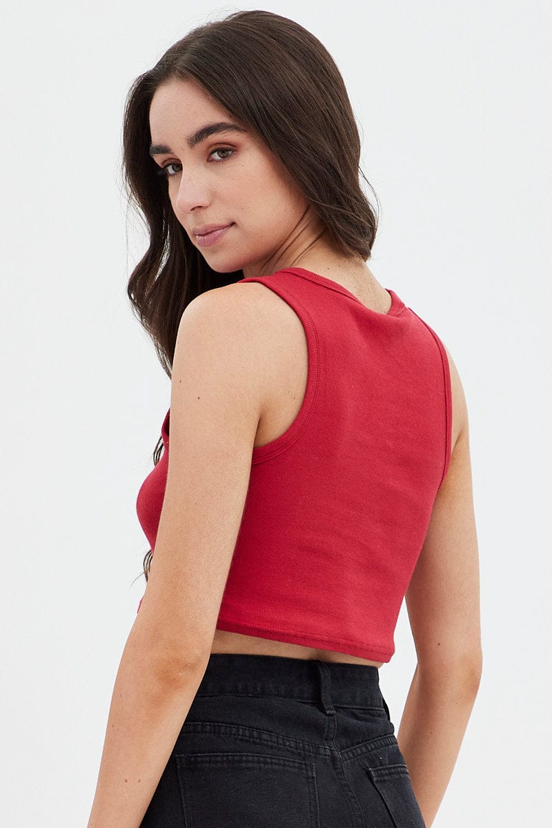 Red Rib Tank Top Dragon Embroidery - Image 5