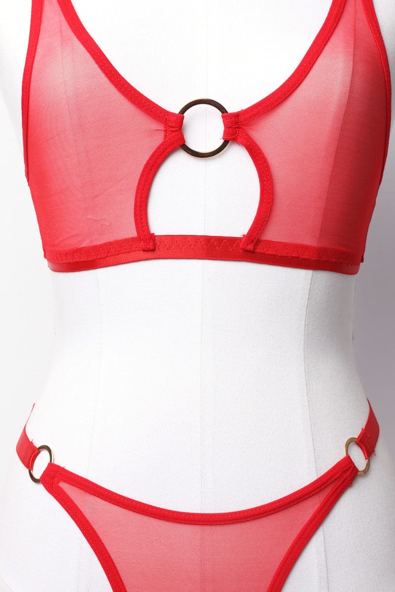 Red Ring Linked Mesh Lingerie Set - Image 3