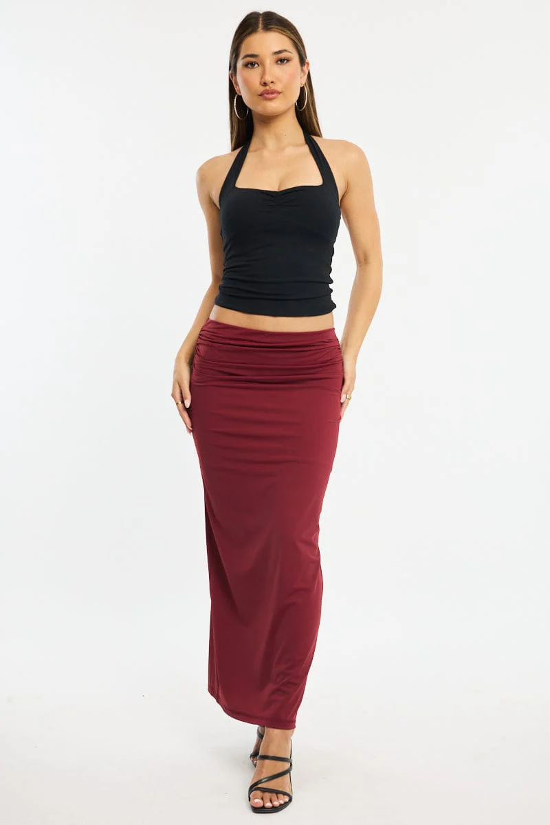 Red Ruched Maxi Skirt Elastic Waist