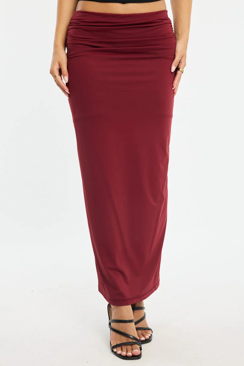 Red Ruched Maxi Skirt Elastic Waist - Image 2