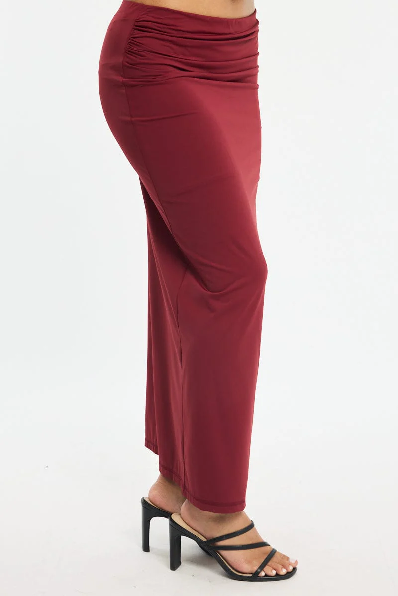 Red Ruched Maxi Skirt Elastic Waist - Image 3