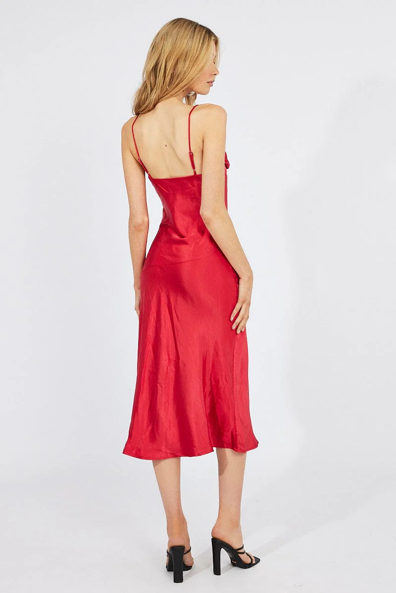 Red Satin Dress Cocktail Split Side Strappy - Image 5