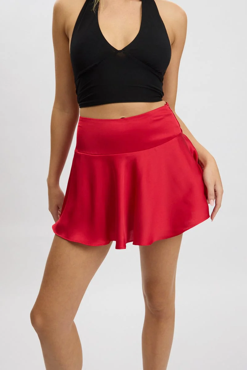Red Satin Skirt High Rise Mini Flowy Skater - Image 2