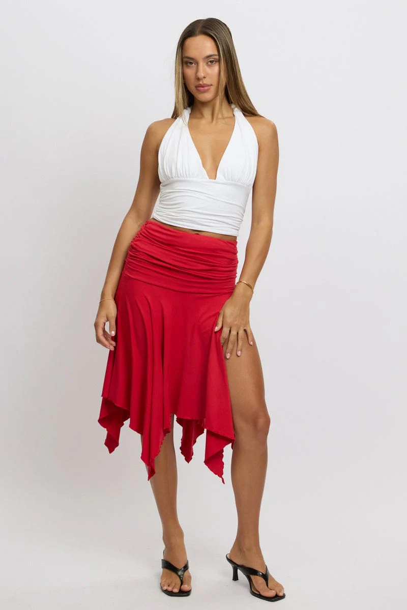 Red Scarf Hem Skirt High Rise Midi Asymm Supersoft - Image 3