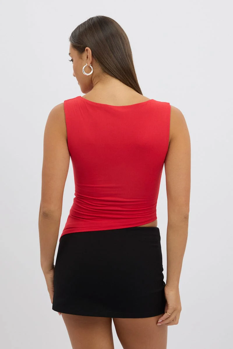Red Sleeveless Top Asymmetric Hem - Image 5
