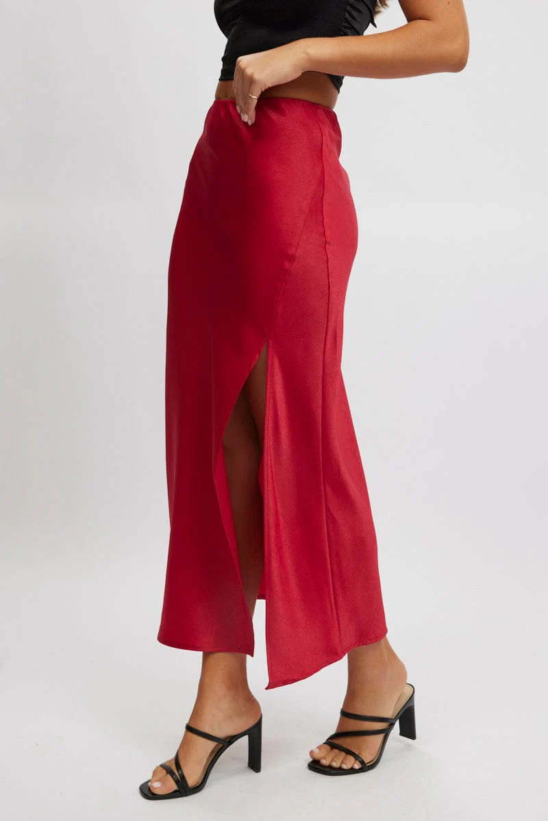 Red Slip Skirt High Waist Front Split Midaxi Satin - Image 3