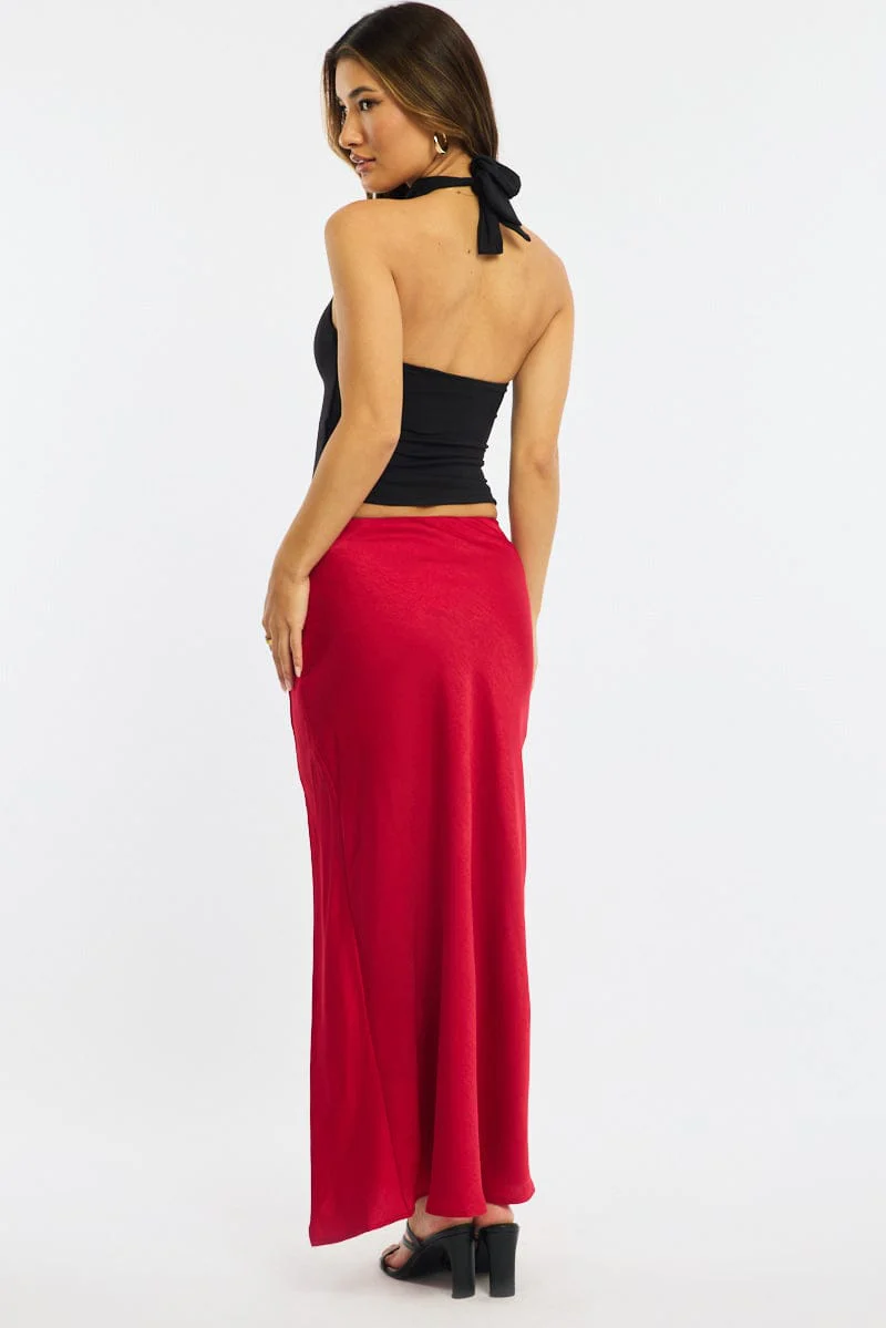 Red Slip Skirt High Waist Front Split Midaxi Satin - Image 4